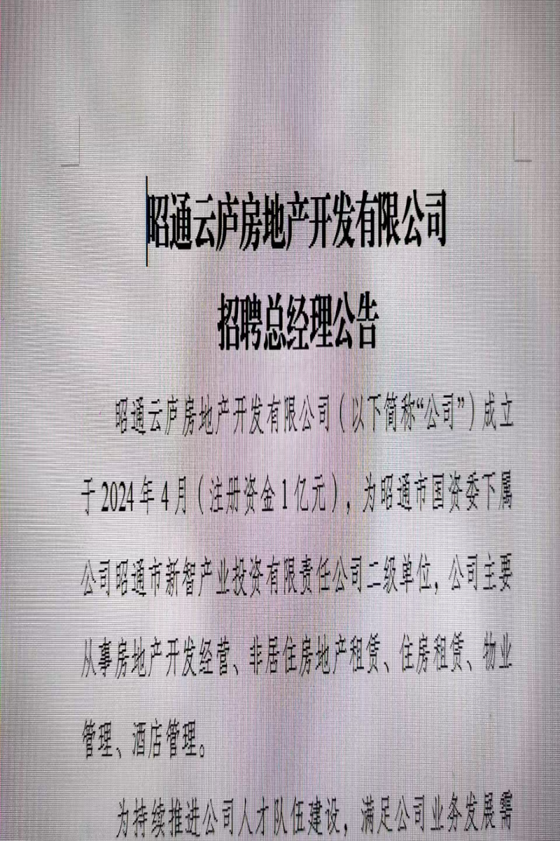 昭通云庐房地产开发有限公司  招聘总经理公告